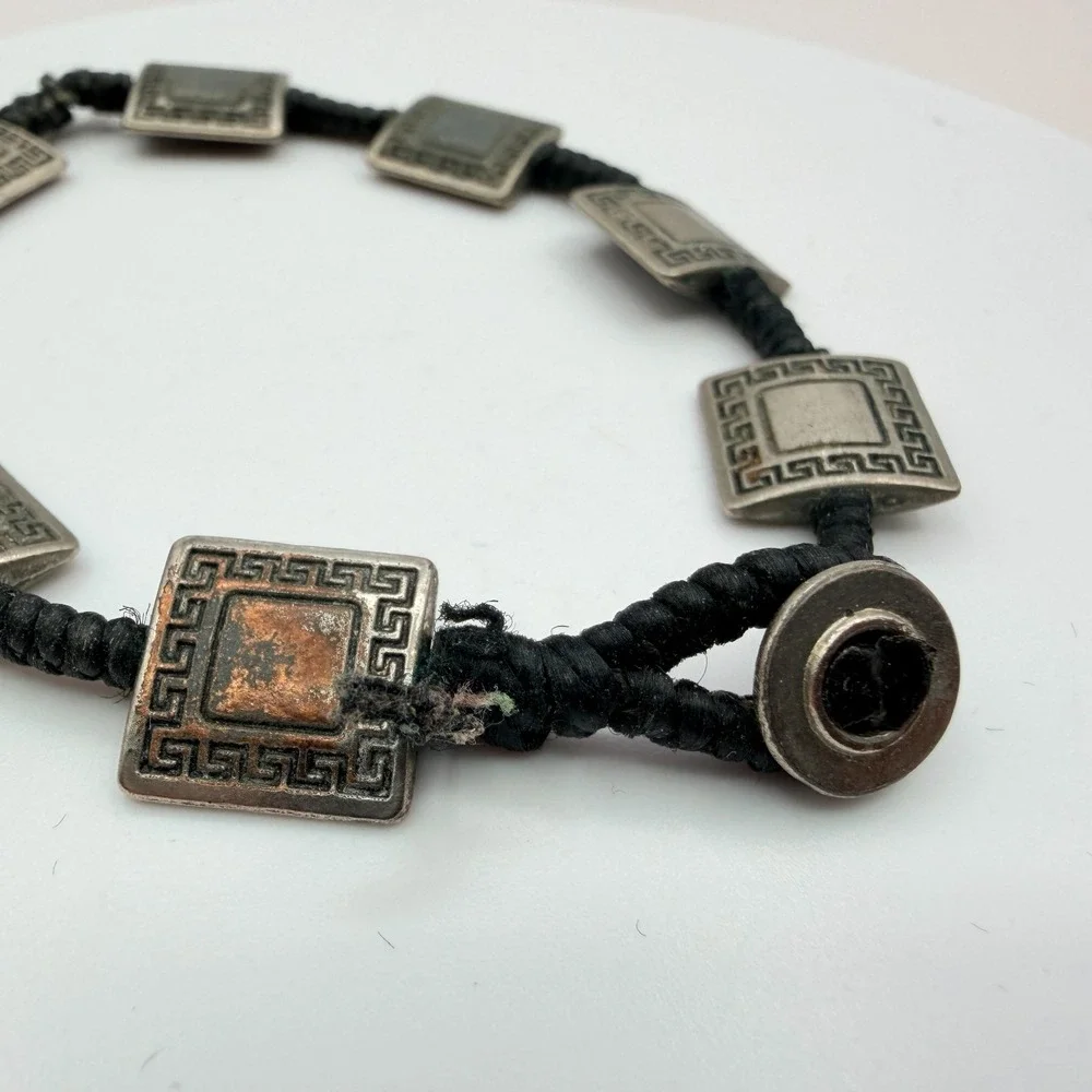 VTG Y2K Silver Tone Square Greek Key‎ Panel Bracelet Black Cord Women's Jewelry
